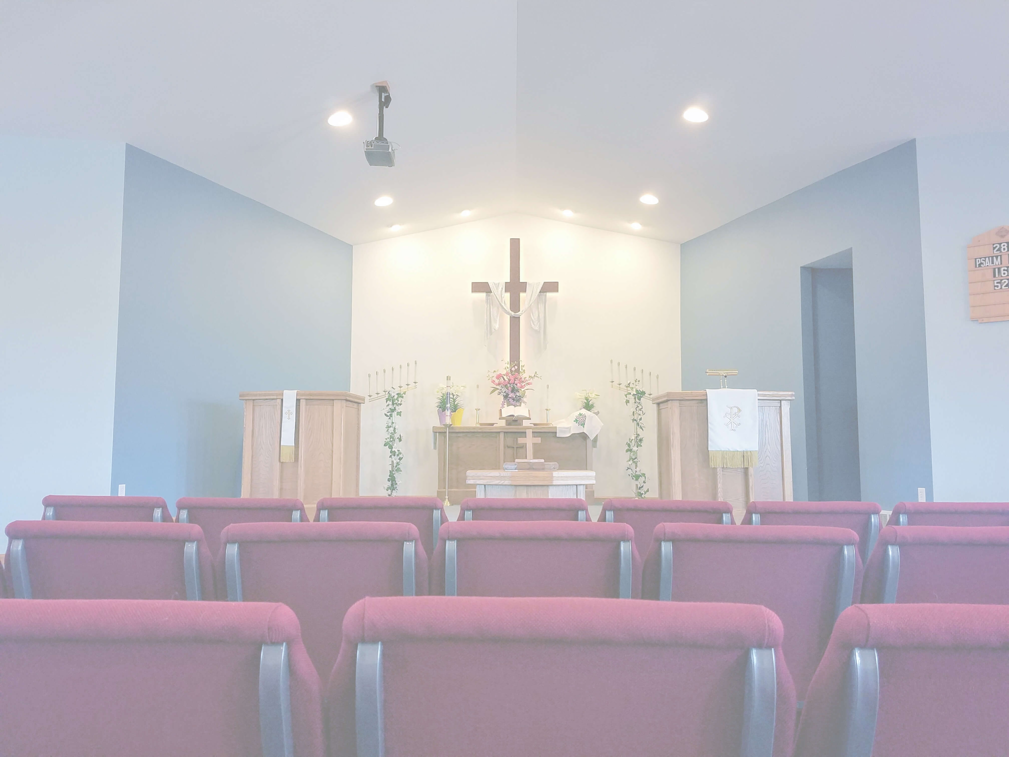 A picture of the front of the chapel showing the altar decorated for Easter