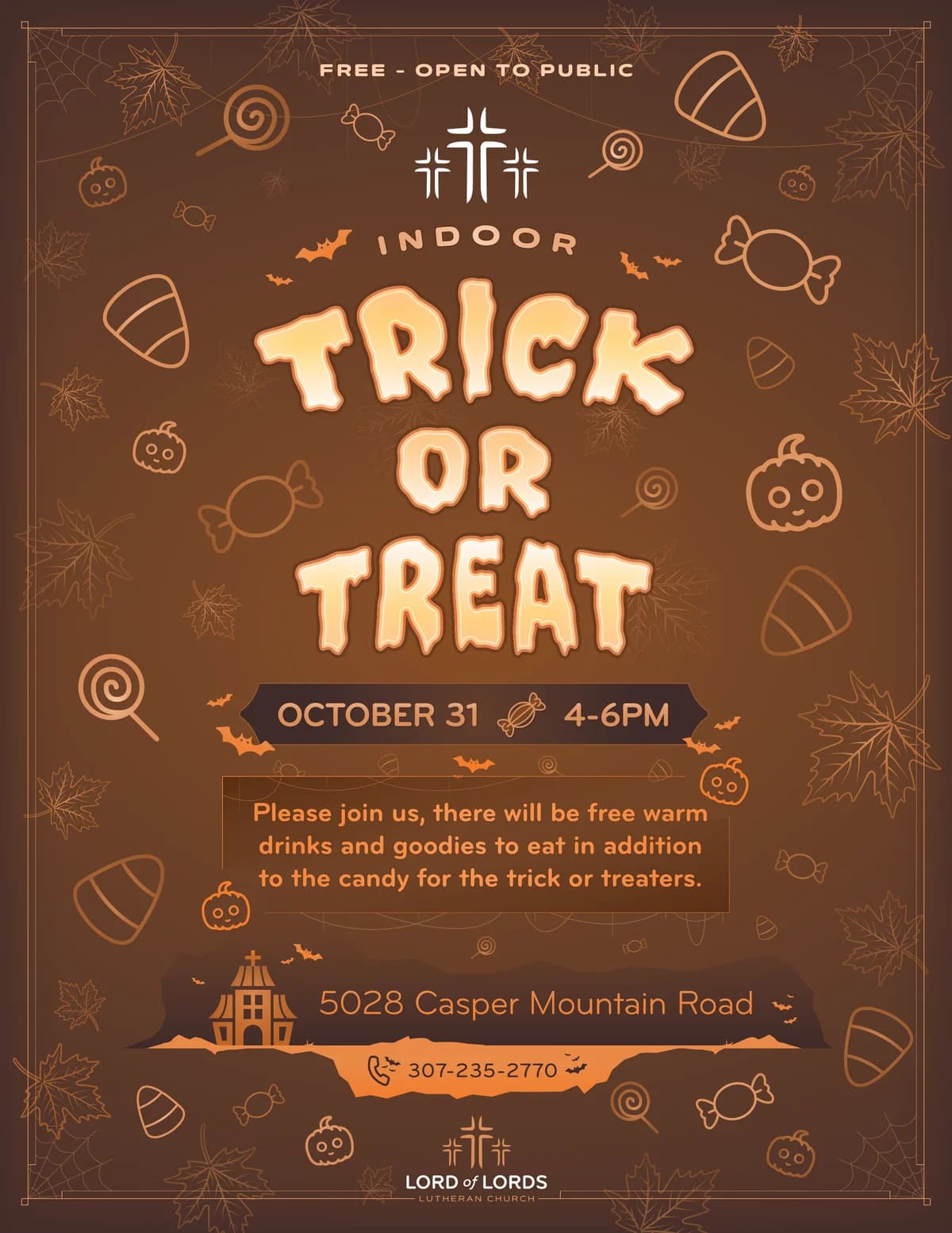 Indoor Trick or Treat flyer with pumpkins, candy, and autumn leaves inviting everyone to Lord of Lords on October 31 from 4 to 6 PM.